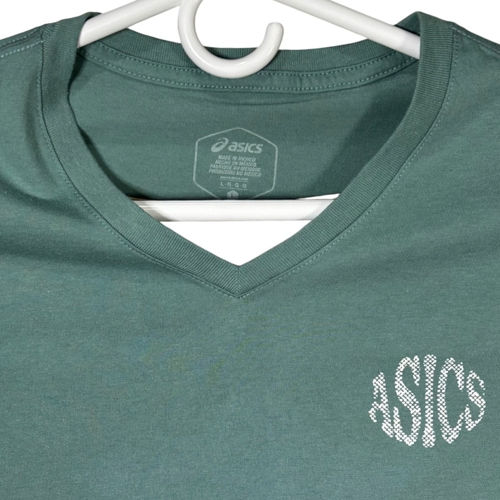 ASICS Women's V-Neck T-Shirt Activewear Top Sound Mind Sound Body Green Large